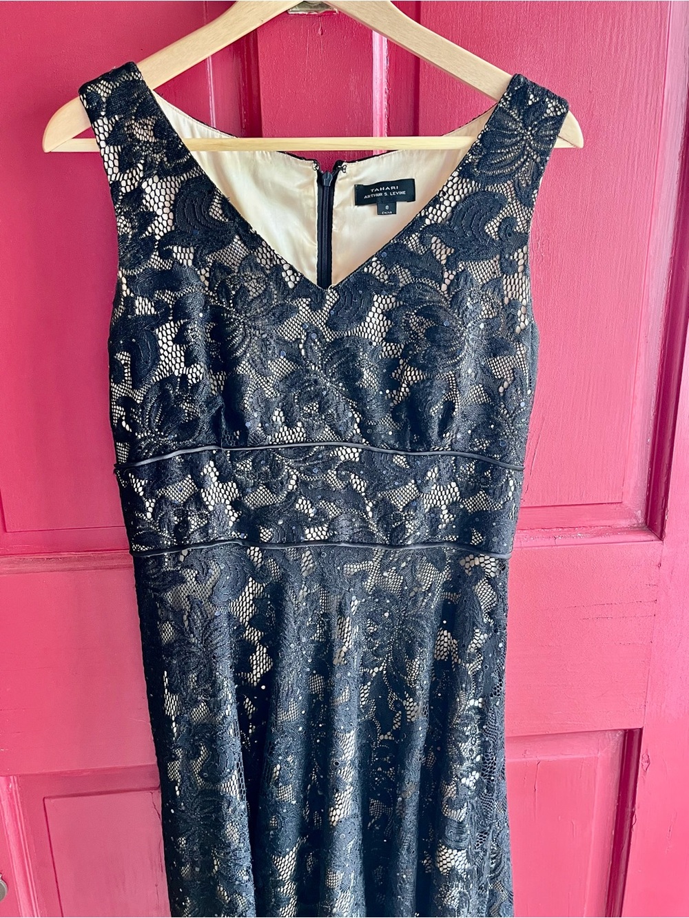 Tahari ASL Black Lace V-Neck Midi Dress with Cream Lining